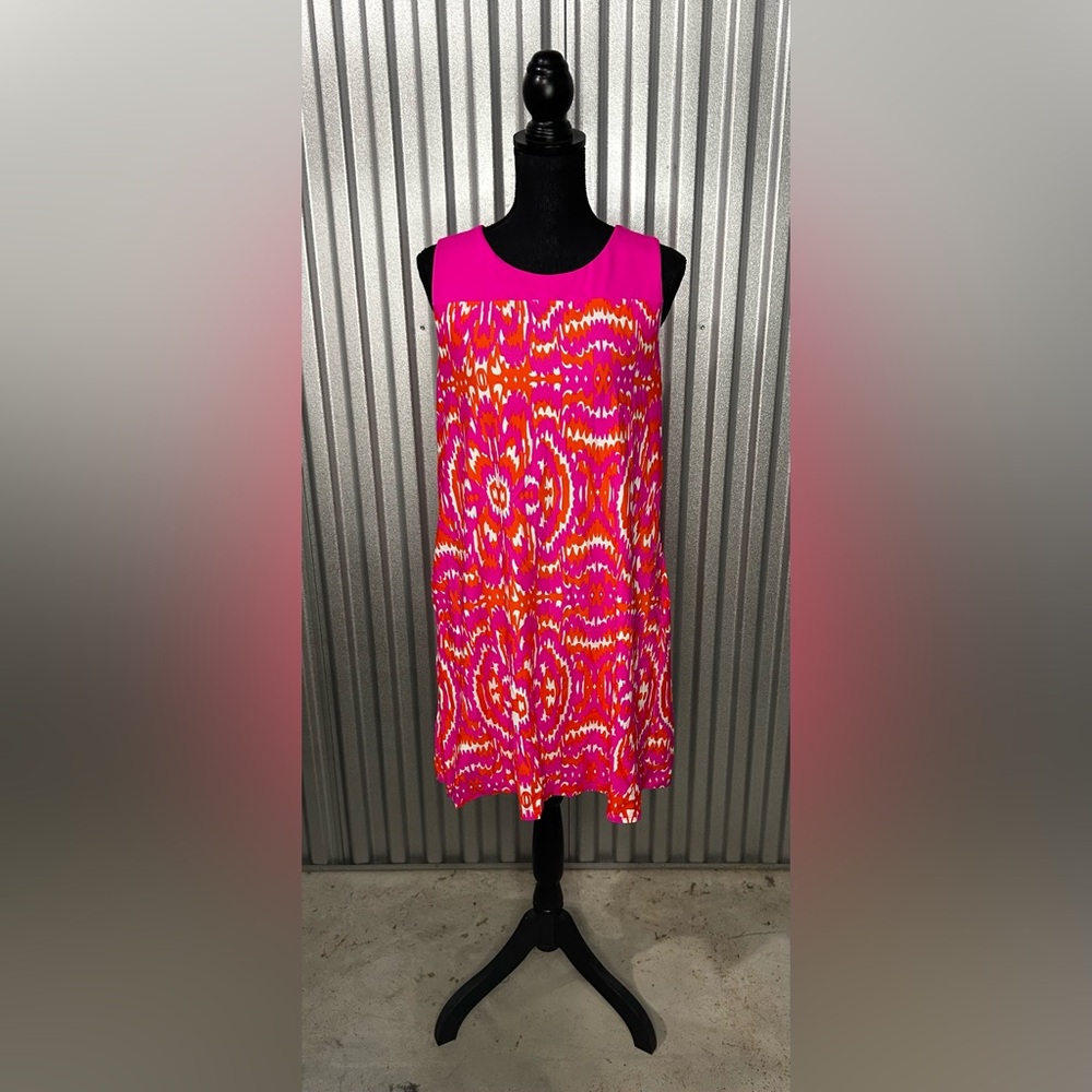 Women’s Jude Connally Pink Orange Geometric Sleeveless Midi Dress Designer Large